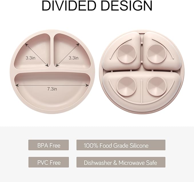 Toddler Plates, 3 Pack Divided Baby Plates with Suction, Food Grade Silicone Baby Led Weaning Supplies, BPA Free, Non-Slip, Microwave and Dishwasher Safe