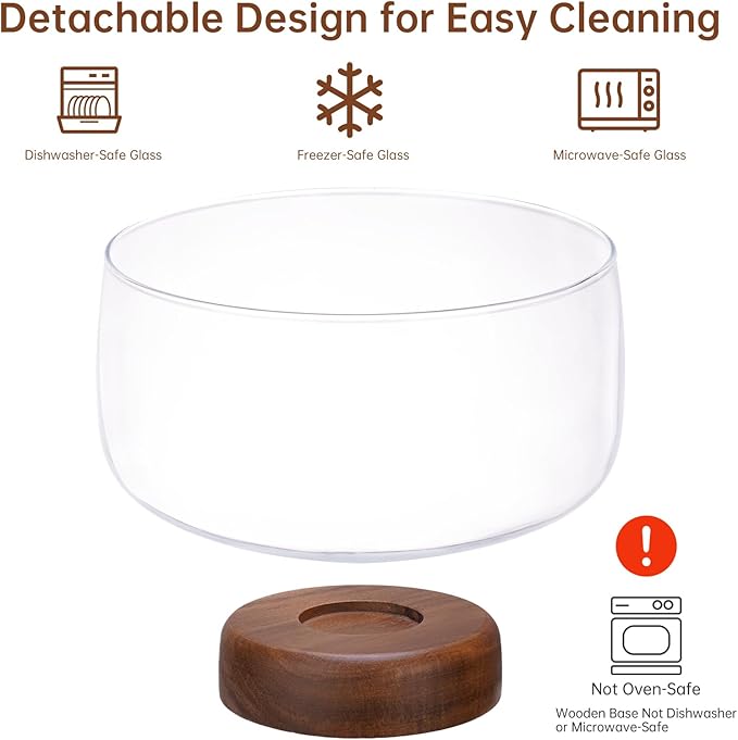 NiHome 123oz Large Glass Trifle Bowl with Elegant Acacia Wood Stand, Versatile Serving Dish for Cakes, Salads, Desserts, Stylish Display for Parties, Weddings, Special Occasions, Durable Easy to Clean