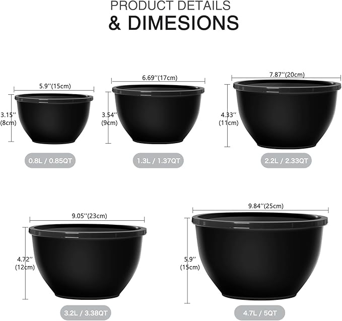 Plastic Mixing Bowls with Lids Set for Kitchen, Nesting Bowls for Mixing, Baking, Prepping, Cooking and Serving Food, Mixing Bowls Dishwasher, Microwave Safe (Black)