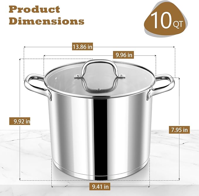 P&P CHEF 10 QT Stock Pot with Lid, Stainless Steel Large Cooking Pot, Soup Canning Stockpot for Stewing Simmering, Tri-ply Bottom for All Stoves, Heavy-Duty &Dishwasher Safe & Food-Grade