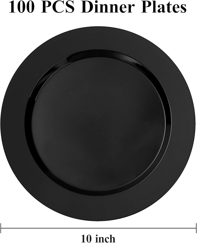 100PCS Black Plastic Dinner Plates 10inch, Premium Hard Disposable Plates for Party, Wedding