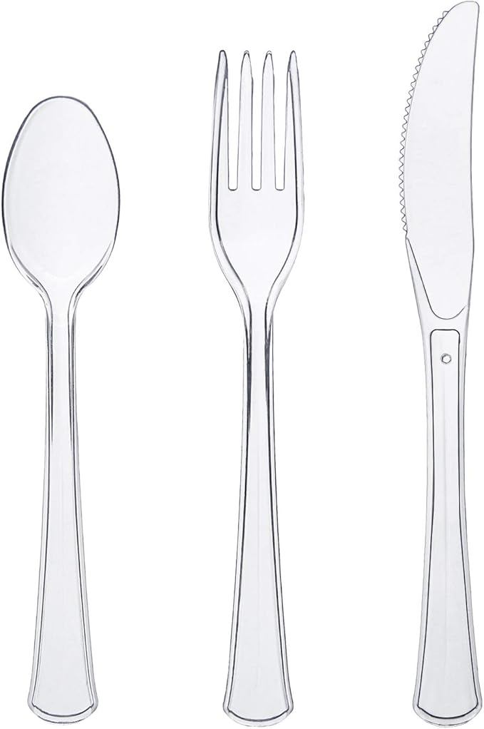 Party Essentials Extra Heavy Duty Hard Plastic Cutlery Combo Pack and Full Size Knives/Forks/Spoons, Clear, 8 Place Setting-Count