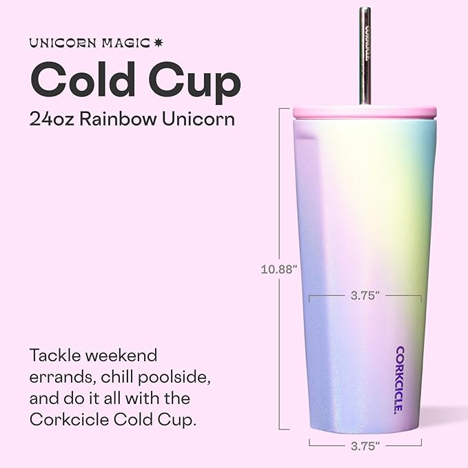 Corkcicle Cold Cup Insulated Tumbler with Straw - Keeps Drinks Cold for 12 Hours - Triple-Insulated Stainless Steel - Leak-Resistant Lid - Summer Drinkware Gift - 24 oz - Rainbow Unicorn