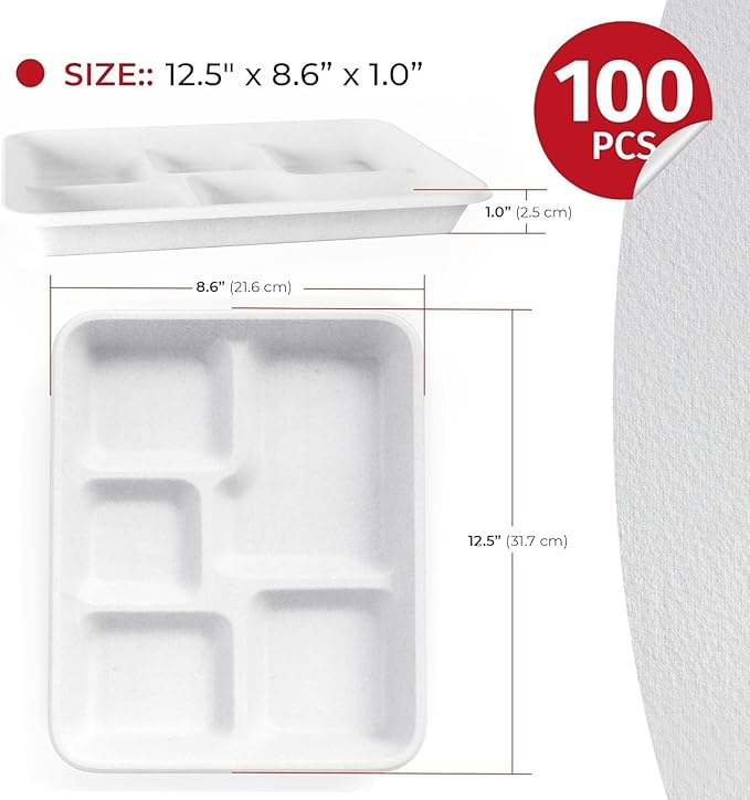 5 Compartment Plates Disposable Heavy Duty (100 Pack) Trays 12.5" x 8.6" - Sugarcane School Trays - Disposable Plates with Compartments Sectioned - Environmentally-Friendly Paper Dividers