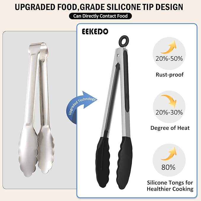 Kitchen Tongs, Stainless Steel Cooking Tongs with Silicone Tips, 600ºF High Heat-Resistant Non Scratch Locking Tongs for Cooking BBQ Grilling Air Fryer Pans, Set of 2 (7" 9" and 12") Black