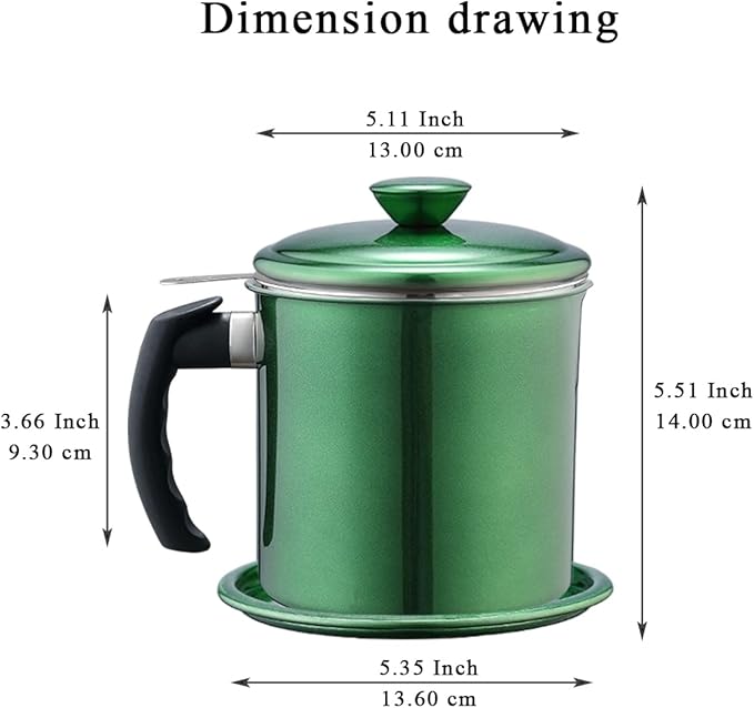 Kyraton Bacon Grease Container With Strainer, 48 oz Metal Shining Green Coating Oil Container, Pot Fat Storage With Lid, Easy Grip Handle Suitable For Storing Frying Oil And Cooking Grease