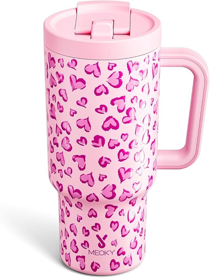 Meoky 32 oz Tumbler with Handle and Flip Straw, 100% Leakproof Tumbler with Lid and Straw, Stainless Steel Insulated Cup, Cupholder Friendly, Keeps Cold for 24 Hours (Love)