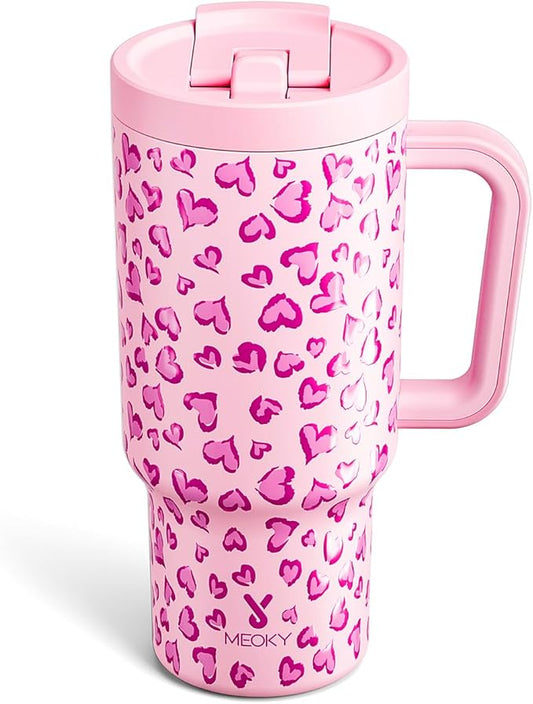 Meoky 32 oz Tumbler with Handle and Flip Straw, 100% Leakproof Tumbler with Lid and Straw, Stainless Steel Insulated Cup, Cupholder Friendly, Keeps Cold for 24 Hours (Love)