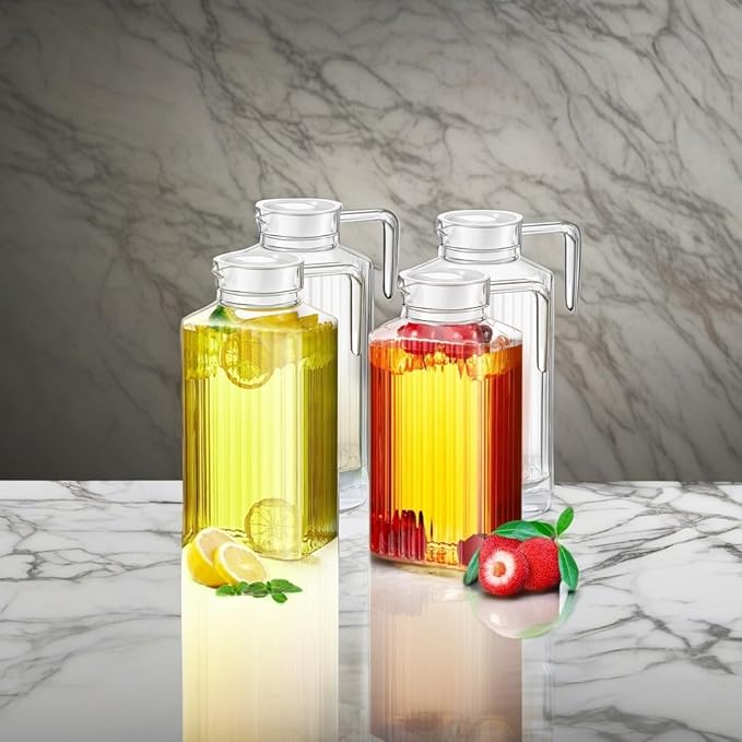 Panitay 4 Pcs 51 Ounces Plastic Pitcher with Lid Clear Acrylic Refrigerator Safe Pitcher Shatter Proof Juice Containers with Lids for Water Milk Sangria Lemonade Cold Drinks