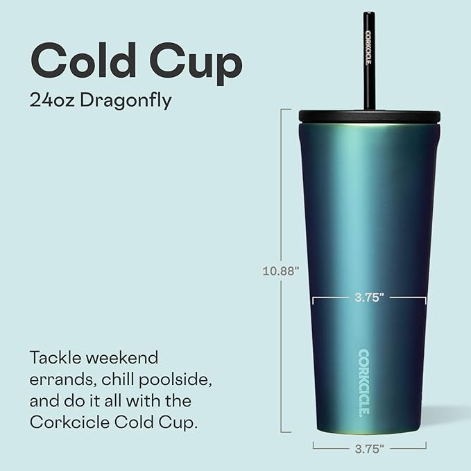 Corkcicle Cold Cup Insulated Tumbler with Straw - Keeps Drinks Cold for 12 Hours - Triple-Insulated Stainless Steel - Leak-Resistant Lid - Summer Drinkware Gift - 24 oz - Dragonfly