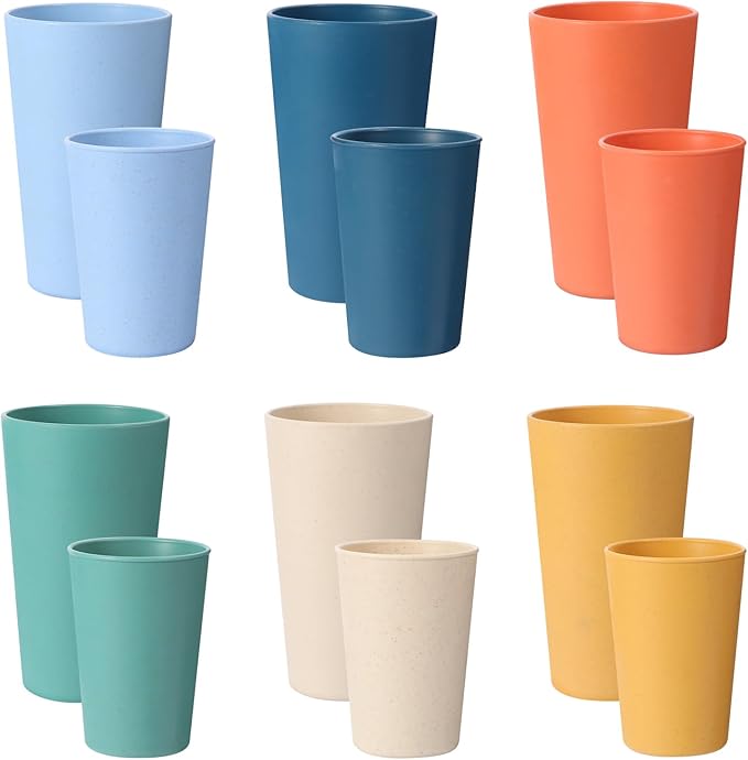 12 Pack Premium Wheat Straw Cups, 6 Pcs 20 oz & 6 Pcs 10 oz Unbreakable Drinking Cups, Alternative to Plastic Cups Sets, Reusable Water Glasses Tumbler, Microwave & Dishwasher Safe, Bpa Free, 6 Colors