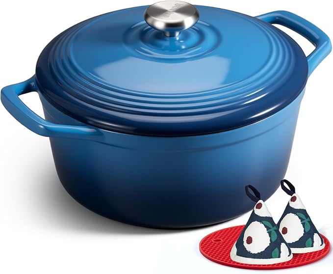 Overmont Enameled Cast Iron Dutch Oven - 5.5QT Pot with Wide Handles Lid Cookbook & Cotton Potholders - Heavy-Duty Pre-Seasoned Cookware Oven Safe to 500°F for Braising, Stews, Roasting, Bread Baking