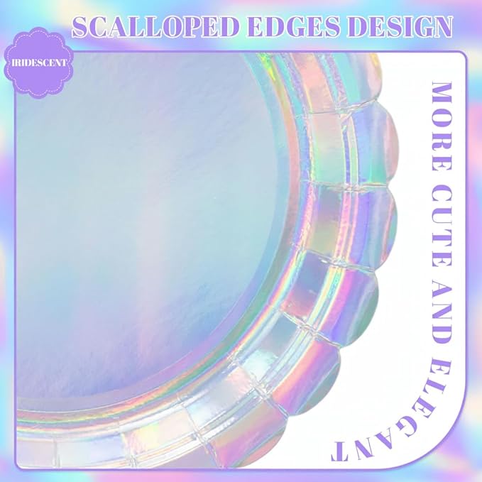30 Pcs Iridescent Paper Plates Disposable 7 Inch Scalloped Holographic Plates Sliver Cake Dessert Plate for Birthday, Mermaid, Disco