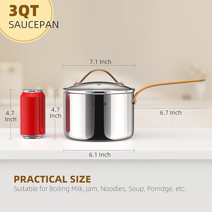 3 Quart Sauce Pan with Lid, Upgraded Tri-Ply Stainless Steel Saucepan with Mirror Polishing and 2 Scales, Induction Ready Cooking Pot with Stay-Cool Brass Handle, Dishwasher & Oven Safe