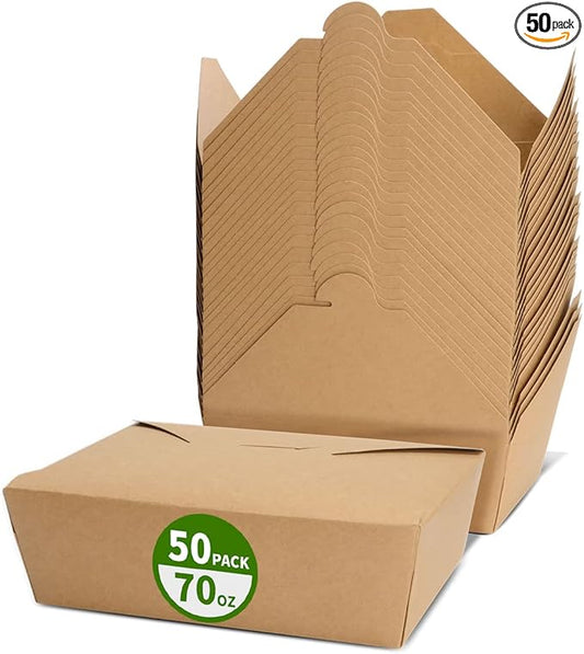 50 Pack 70 oz Large Take Out Food Containers - Heavy Duty Microwavable Kraft Brown Paper To Go Box #3 - Grease Resist Paper Lunch Box Cardboard Take Out Box for Restaurant, Household, Party