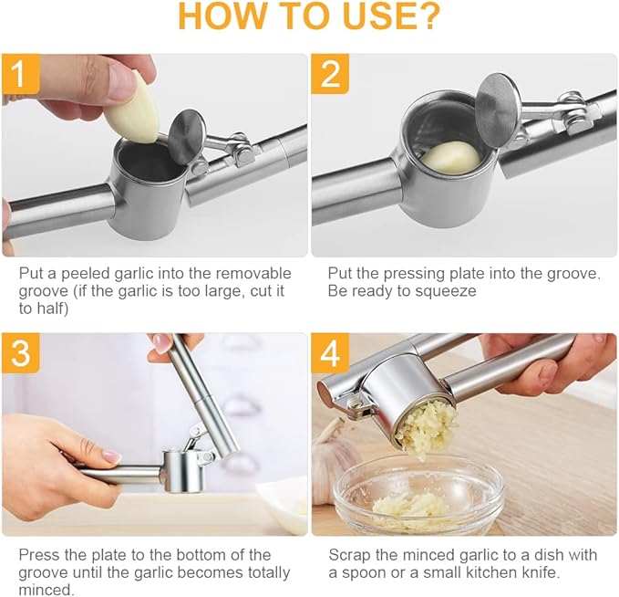 Garlic Press Garlic Mincer & Crusher Stainless Steel Garlic Press Set for Kitchen with Brush & Peeler, Kitchen for Garlic, Garlic Presser Easy to Clean Easy Squeeze Rust Proof (Small A - Set)
