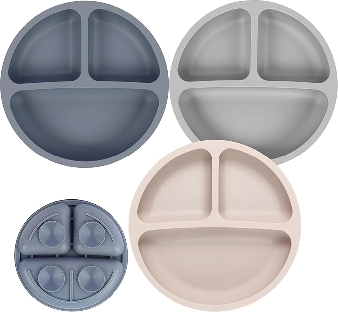 Toddler Plates, 3 Pack Divided Baby Plates with Suction, Food Grade Silicone Baby Led Weaning Supplies, BPA Free, Non-Slip, Microwave and Dishwasher Safe