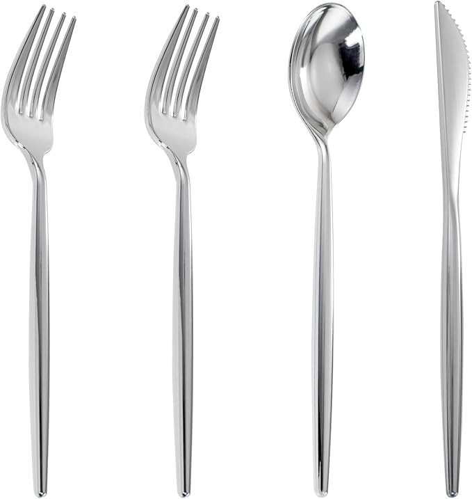 U-QE 120Pcs Silver Plastic Silverware, Luxury Plastic Cutlery, Heavy Weight Flatware, Silver Disposable Utensils Set Include 60 Forks, 30 Spoons, 30 Knives for Party