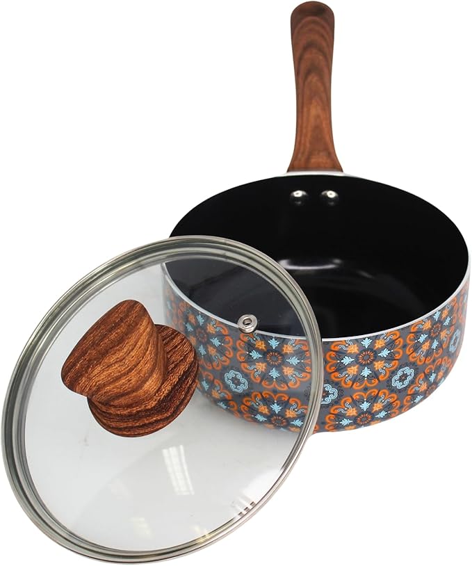 IMUSA 1.5 Quarts Talavera Nonstick Saucepan with Lid, Wood Look and Soft Touch Handle, Ceramic Coated