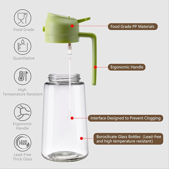 2PCS Oil Sprayer for Cooking, 16oz/470ml Glass Oil Dispenser/Pour Bottle, Kitchen Accessories, Kitchen Gadgets for Air Fryer, Salad, BBQ, with Stickers (Green,White)