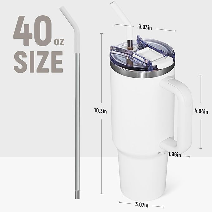 COKTIK 40 oz Tumbler With Handle and Straw, Insulated Tumbler With Leakproof Lids, Stainless Steel|BPA-Free, Cold for 24 H (Snow)