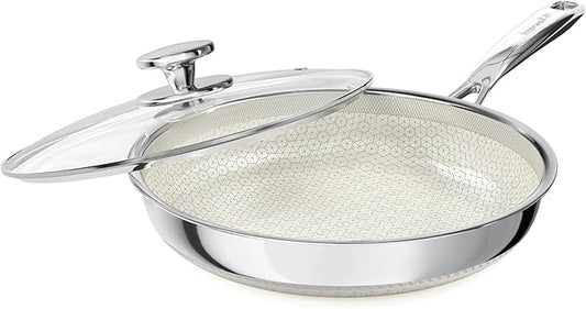 Non Stick Frying Pan with Lid, 12 Inch Ceramic Hybrid Tri-Ply Stainless Steel Frying Pans Nonstick W/Lid, Large Induction Skillet Frying Pans for Cooking, Metal Utensil&Dishwasher&Oven Safe, PFAS Free