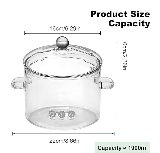 Glass Saucepan with Cover, Transparency Stovetop Pot,Dual Handles Pan with Lid for Pasta Noodle, Soup, Milk, Baby Food making or heating 1.9L