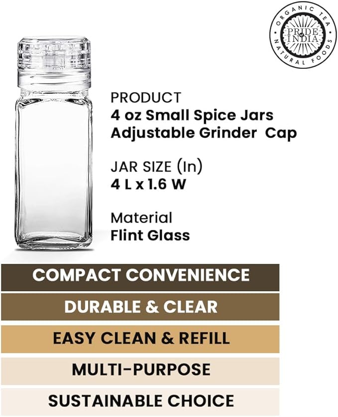 Pride Of India 4 oz Glass Spice Jars with Grinder – Pack of 6 | Clear Square Spice Shaker Set with Adjustable Grinder Cap | Small Jars with Lids for Salt, Pepper, Herbs & Seasoning Storage