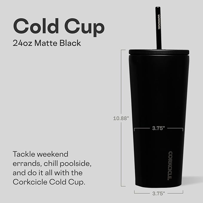 Corkcicle Cold Cup Insulated Tumbler with Straw - Keeps Drinks Cold for 12 Hours - Triple-Insulated Stainless Steel - Leak-Resistant Lid - Summer Drinkware Gift - 24 oz - Matte Black