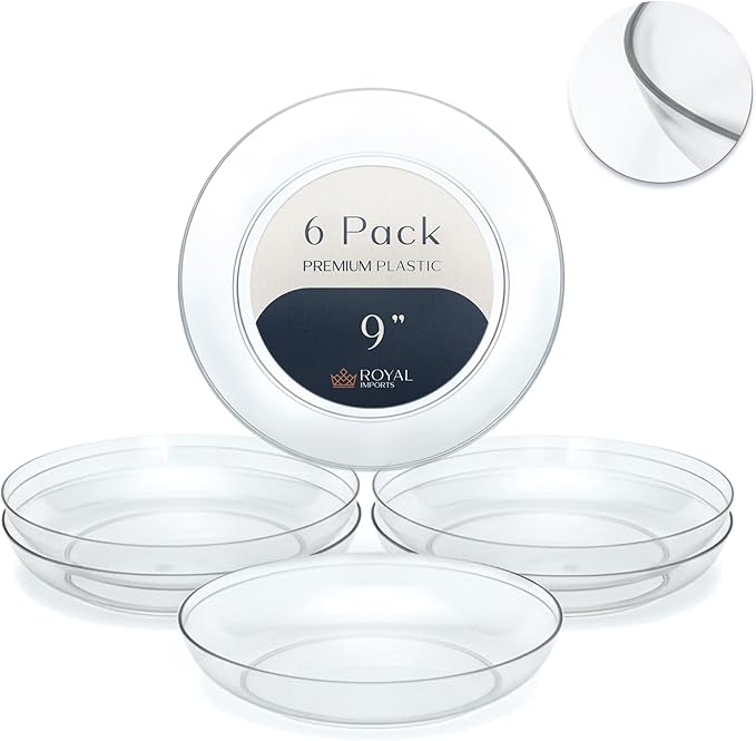 Royal Imports 9" Clear Plastic Saucer Plant Drip Tray, Low Pie Plate, Floral Flower Dish, Wedding, Party, Home and Holiday Decor, 6 Pack