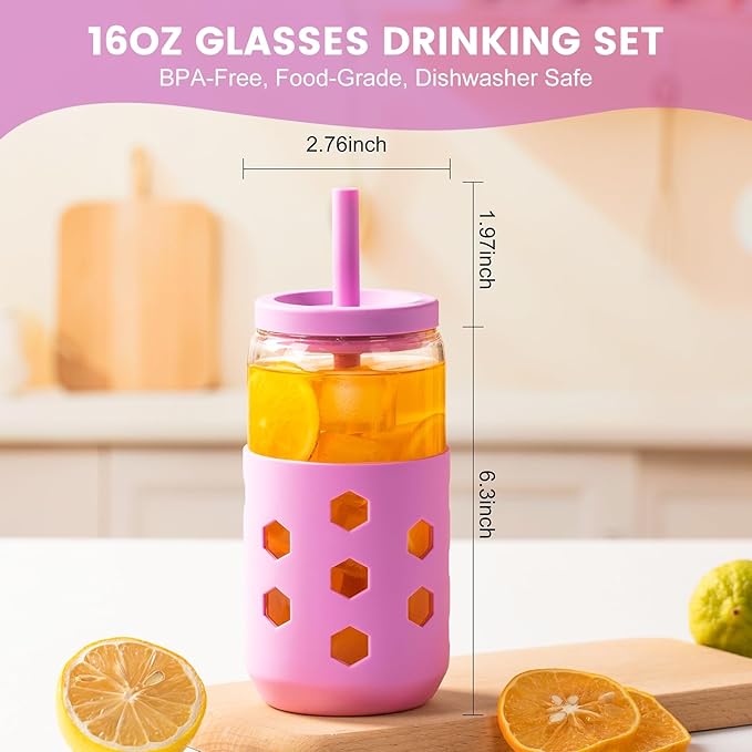 Glass Cups with Lids and Straws (4 Pack), 16oz Drinking Glasses Set with Silicone Sleeves for Coffee Bar Accessories Iced Coffee Cups with Lids, Glass Tumbler Reusable for Gifts