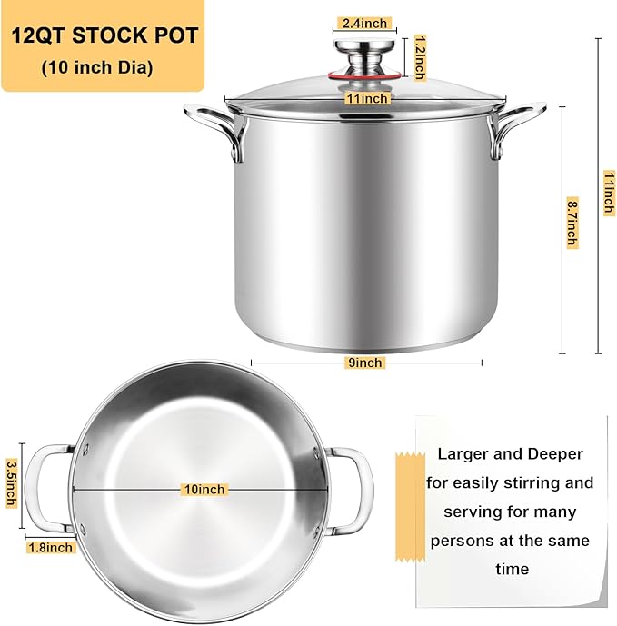 TeamFar 12 Quart Stock Pot, 18/10 Stainless Steel Large Cooking Soup Pot with Lid for Simmering/Stewing, for Induction/Gas/Ceramic, Healthy & Heavy-Duty, Riveted Handles & Dishwasher Safe