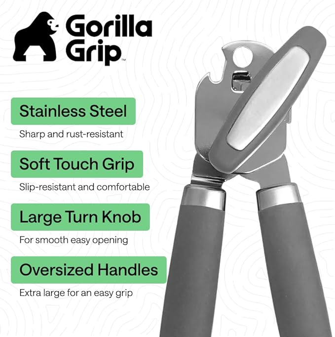 GORILLA GRIP Heavy Duty Stainless Steel Smooth Edge Manual Can Opener and Bottle Openers, Soft Comfortable Handle, Oversized Handheld Turn Knob, US Designed Multifunctional Kitchen Tool, Gray