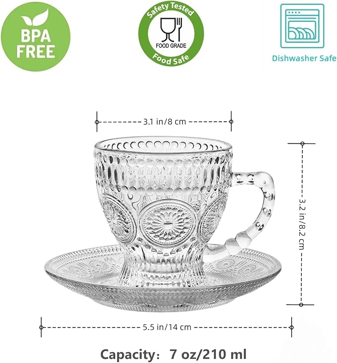 Vintage Glass Tea Cups with Saucers, Glass Mugs 7 Oz Set of 6 Espresso Coffee Embossed Glassware with Handle, for Cappuccino, Latte, Cereal, Yogurt, Beverage Hot/Cold, Milk…
