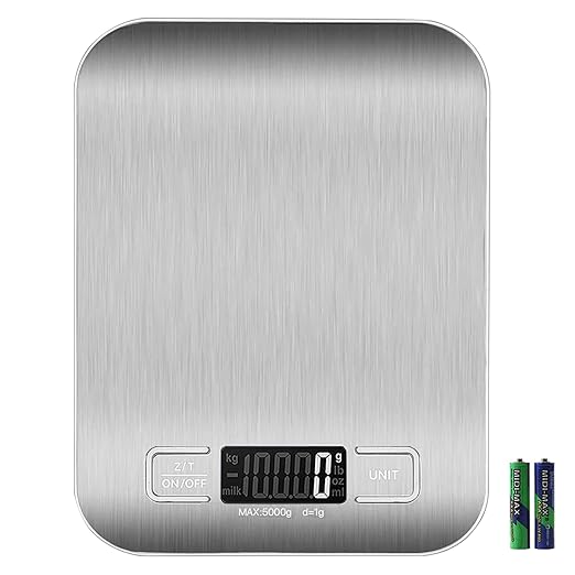Food Scale, 11lb Digital Kitchen Scale Weight Grams and oz for Baking Cooking, Stainless Steel and Tempered Glass Waterproof Body, 1g/0.1oz Precise Graduation