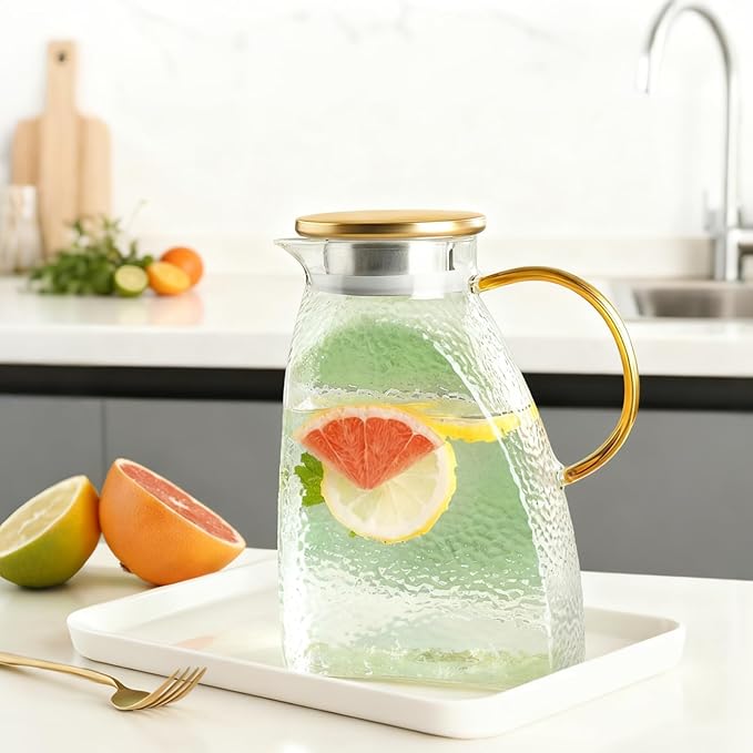 Glass Pitcher with Lid and Spout, 1.8 L/60 oz Clear Fridge Door Jug, Borosilicate Glass Bottle with Handle and Stainless Steel Lid, Hot & Cold Beverage Pitcher for Iced Tea, Coffee, Juice, Milk