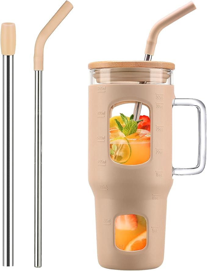 Glass Tumbler with Lid, 32 oz Glass Cup with Handle, Glass Water Bottles with Time Marker, 2 Straws - Pearl Straw & Silicone Protective Sleeve - Amber