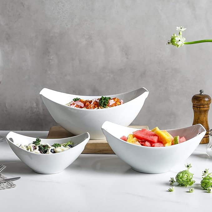 Ceramic Serving Bowls with Handles, Large Salad Bowl Set for Entertaining, Mixing, Serving Dishes for Parties, Kitchen, Housewarming & Everyday Use, Set of 3, 15/28/49 oz