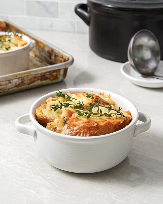 LE TAUCI Soup Bowls with Handles - 22 oz Lead-Free Ceramic French Onion Crocks, Oven and Microwave Safe, Heat-Resistant Design, Stackable, Dishwasher Safe, Set of 4, White