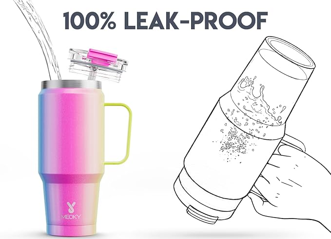 Meoky 32 oz Tumbler with Handle, Insulated Tumbler with Lid and Straw, Stainless Steel Travel Mug, 100% Leak Proof, Keeps Cold for 24 Hours or Hot for 8 Hours, Fits in Car Cup Holder (Carnival)