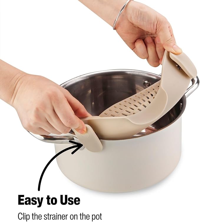 Silicone Pot Strainer, Emptycolor Adjustable Clip On Strainer for Pots Pans, Heat Resistant Pot Drainer, Kitchen Pasta Colander for Vegetables and Noodles (Light Tan)