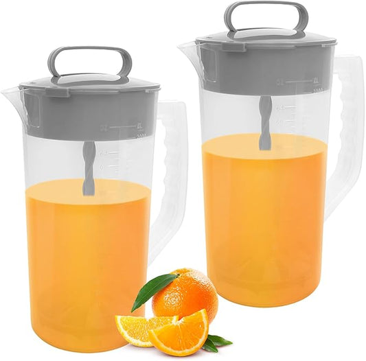 2 Quart/ 64oz Plastic Clear Mixing Pitcher with Lid, 2 Pack, Easy-Mix Juice Container, Angled Plastic Blades and Adjustable Mixer Plunger