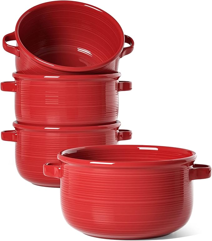 LE TAUCI Soup Bowls with Handles - 28 oz Lead-Free Ceramic French Onion Crocks, Oven and Microwave Safe, Heat-Resistant Design, Stackable, Dishwasher Safe, Set of 4, Red