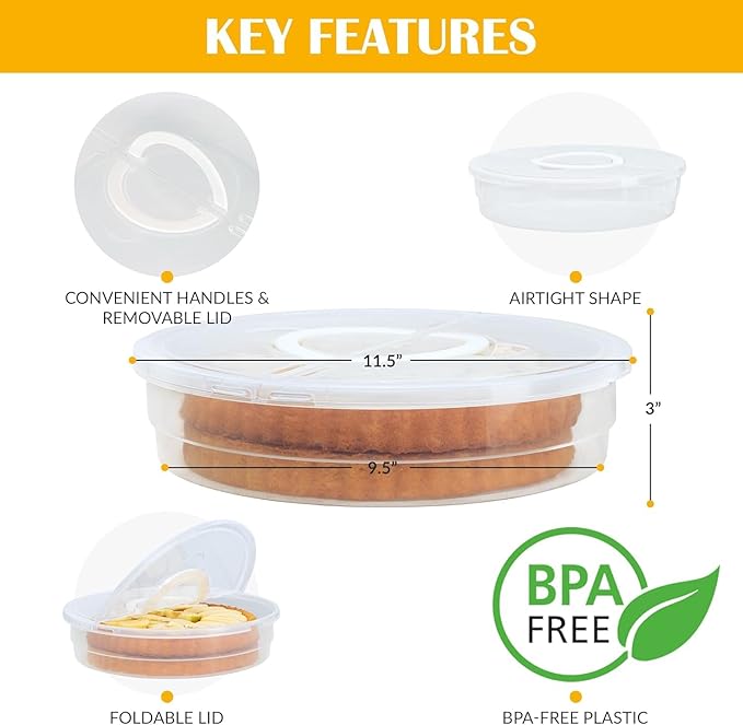 2 Pack Plastic Pie Carrier with Lid and Handles - Airtight Cover, BPA Free Container for Pies and Pastry Products - Round Keeper Keeps Cookies, Muffins, Cupcakes, Bakery Fresh