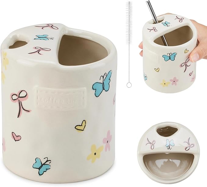 Ceramic Coffee 10oz Mug Hand-Painted Espresso Cup，Retro Ceramic Travel Mug For Kitchen, Dining-Green，Microwave Safe (Colorful Butterflies)