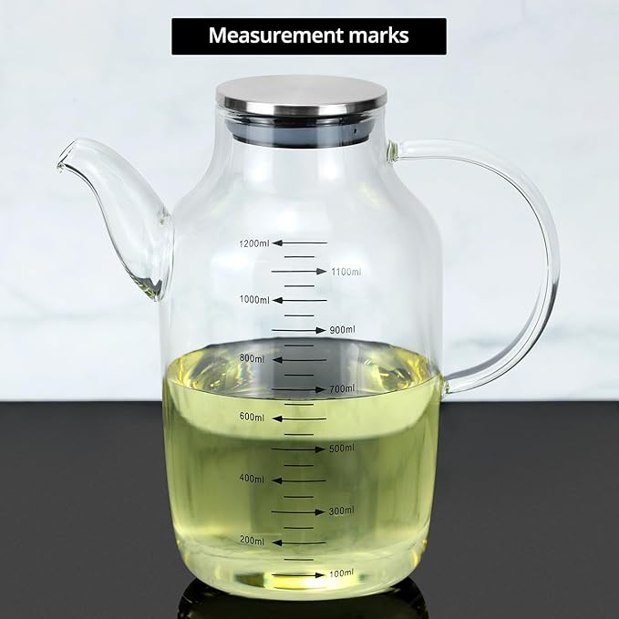 QWORK 1200ML/40Oz Large Glass Cooking Oil Bottle with Stainless Steel Lid, Oil & Vinegar Dispenser Bottle for Olive Oil, Vinegar, Soy Sauce, Kitchen No Drip Liquid Container
