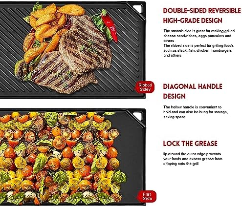 GGC Reversible Cast Iron Griddle, 16.5" x 9.5" Rectangular Griddle Pan