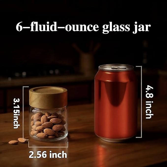 6-Pack 6 fl oz Airtight Food Sealed Jars with Acacia Wood Lids - Glass Meal Prep Containers for Overnight Oats, Snack Storage, Chia Pudding, Pantry Organization Essentials