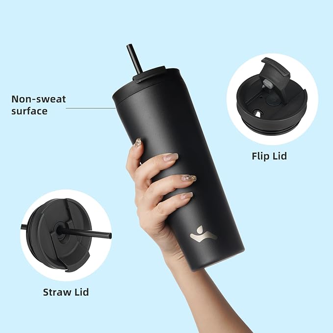 26 OZ Insulated Tumbler with Lid and 2 Straws Stainless Steel Water Bottle Vacuum Travel Mug Coffee Cup,Black