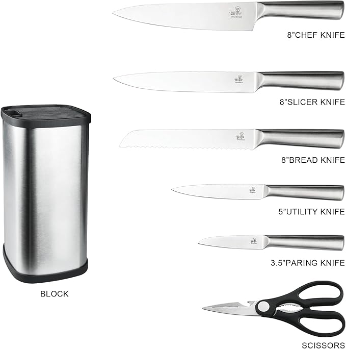 CHUSHIJI 6-Piece Silver Kitchen Knife Set | One-Piece Stainless Steel, Ultra-Sharp, Anti-Rust, Ergonomic Grip Knives with Universal Knife Block for Home Cooks & Beginners (silver)